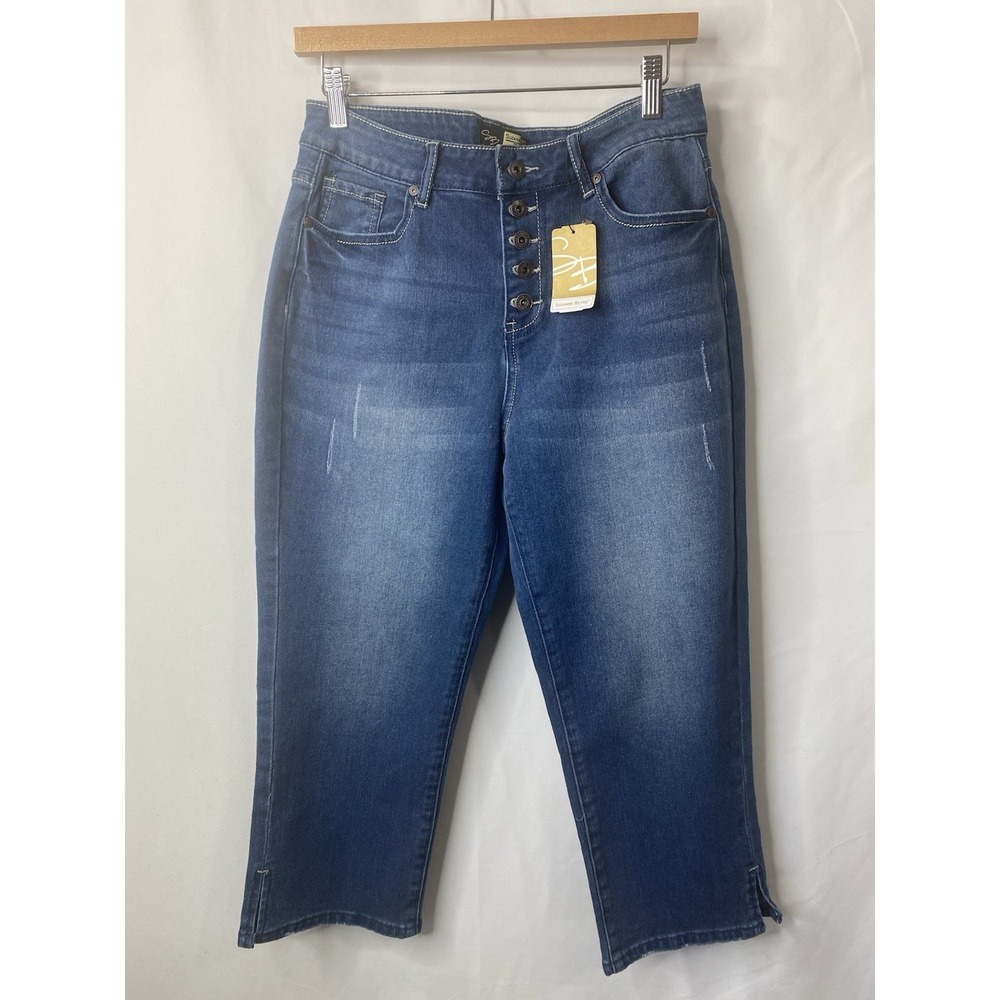 Suzanne Betro Womens Cropped Capri Jeans Size 10 Button Fly Distressed Preppy
